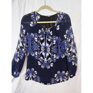 Tory Burch Screen Print Silk Medallion Scroll Blue Cream Sheer Blouse‎ Size 2